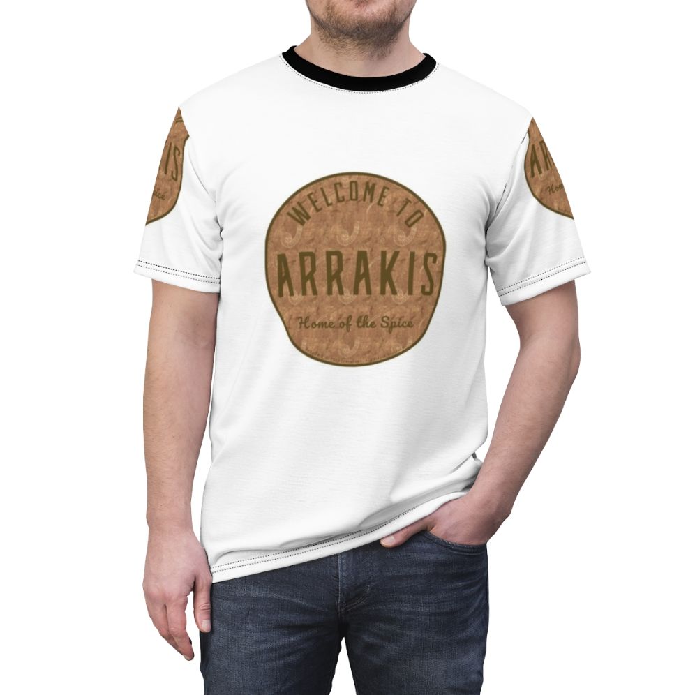 Dune-inspired round dark pattern t-shirt featuring Arrakis, the planet from the Dune science fiction franchise. - men front