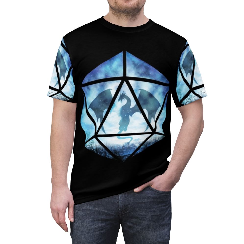 Captivating image of a blue sky ice dragon against a snowy mountain backdrop on a high-quality t-shirt. - men front