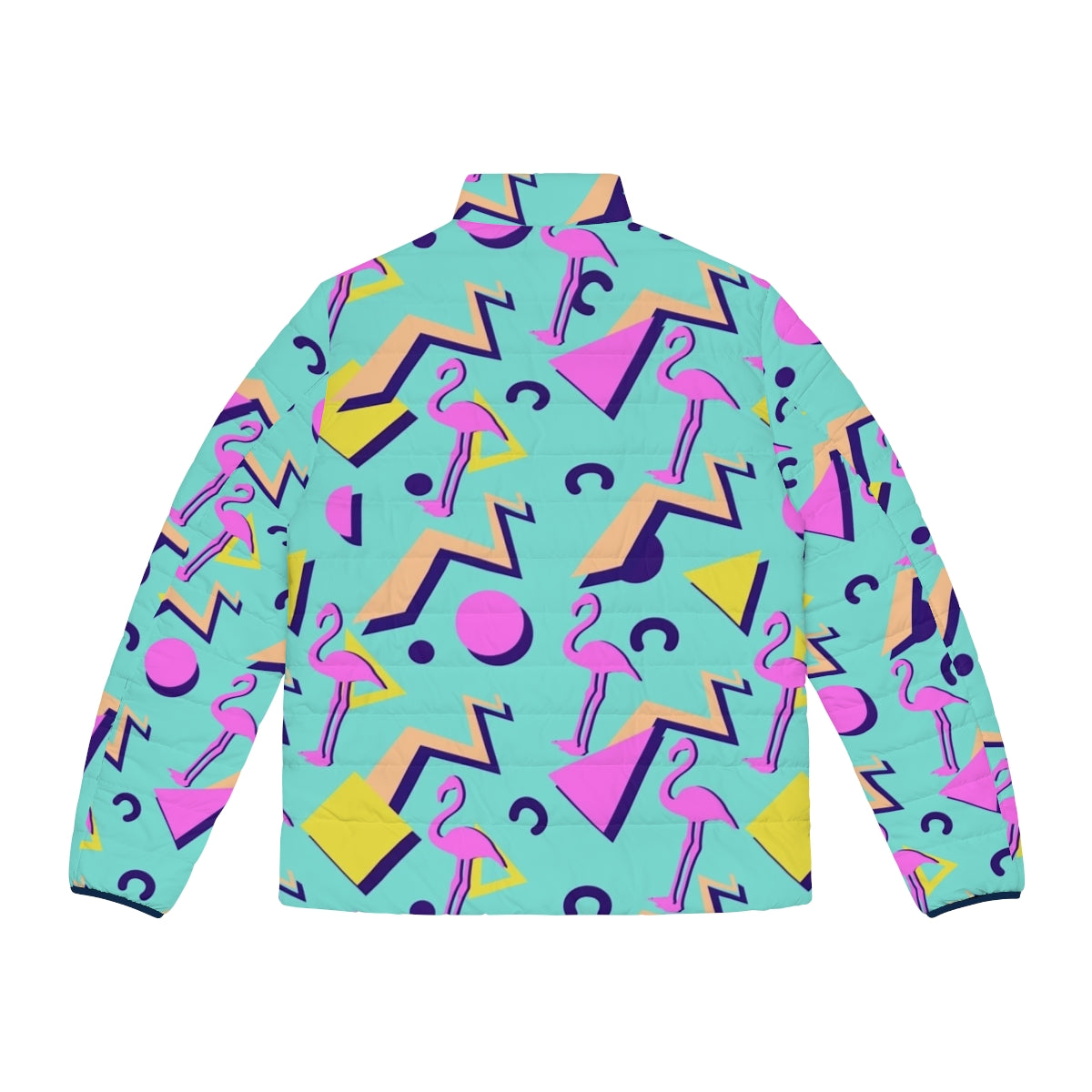 80s Memphis Pattern Puffer Jacket with Retro Pop Art Design - Back