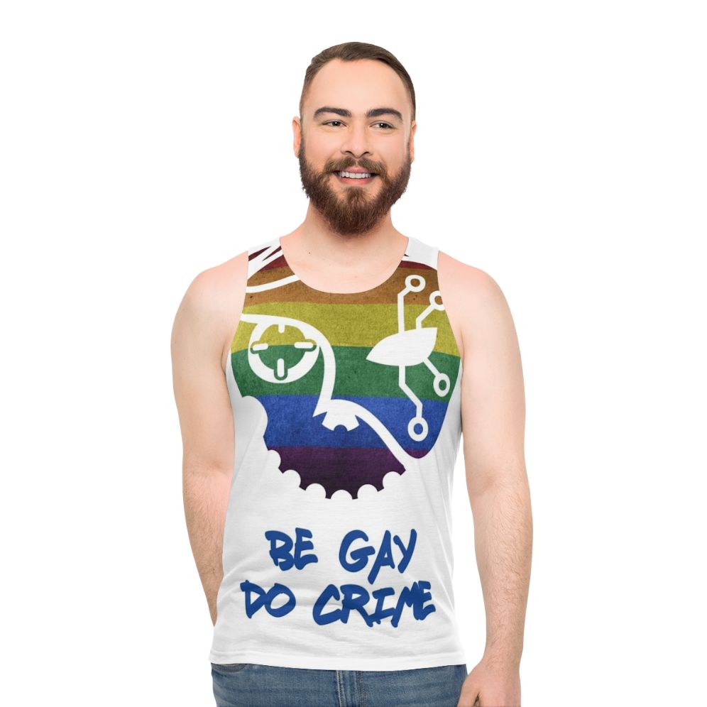 Unisex tank top with "Be Gay Do Crime" graphic - men