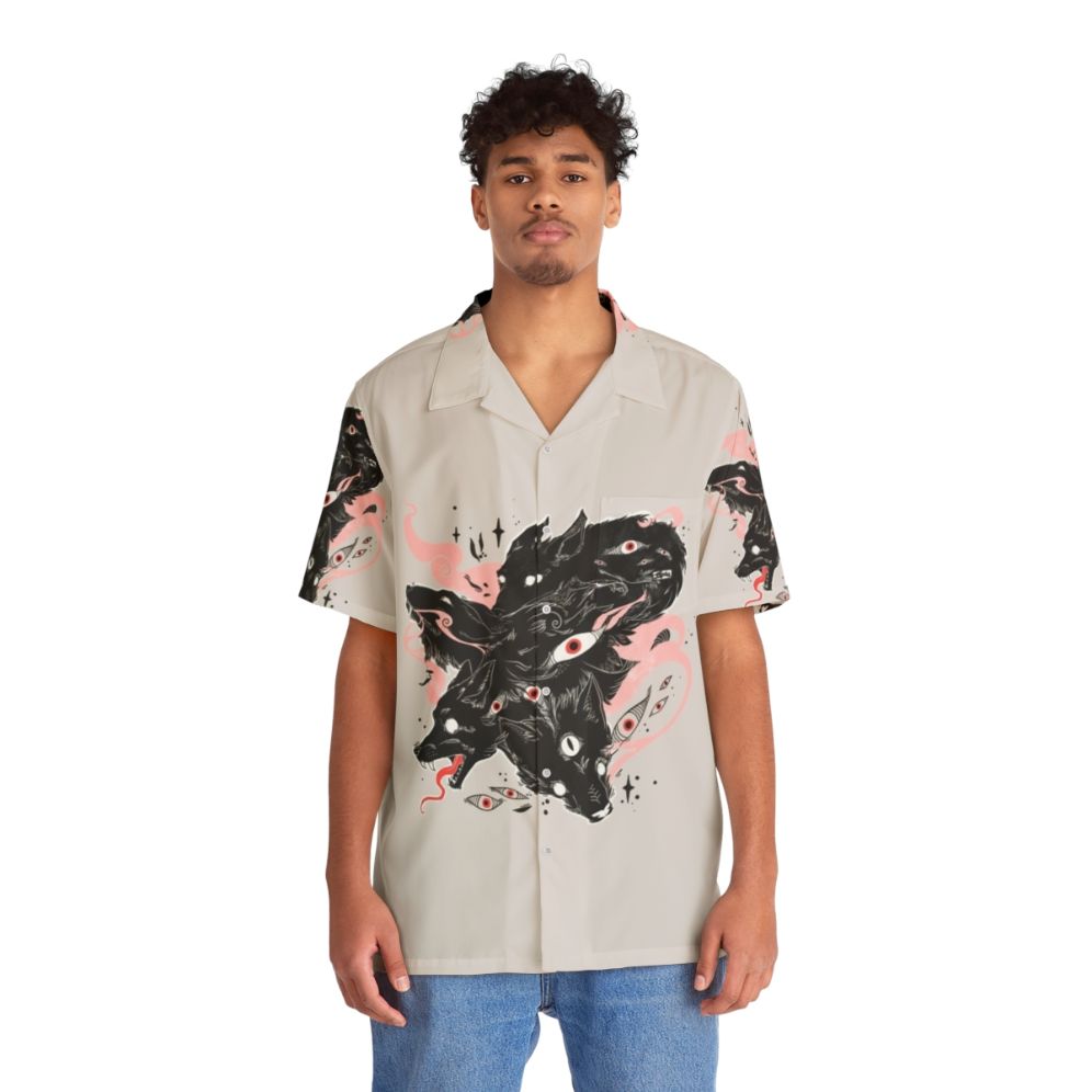 Wild wolves with many eyes printed on a Hawaiian-style shirt - People Front