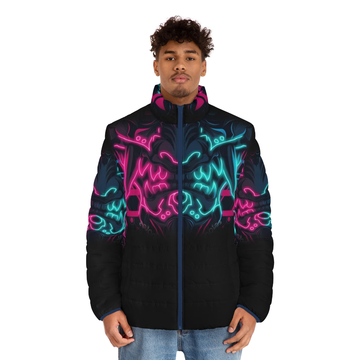 Neo Yokai Puffer Jacket featuring cyberpunk-inspired design and Japanese mythological elements - men front