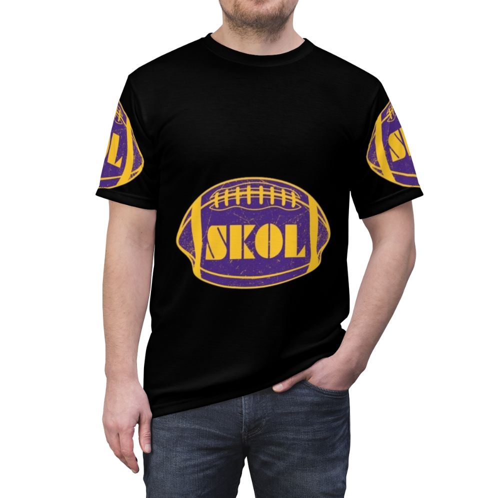 Minnesota Vikings inspired all-over-print t-shirt design featuring the team's iconic colors and elements - men front