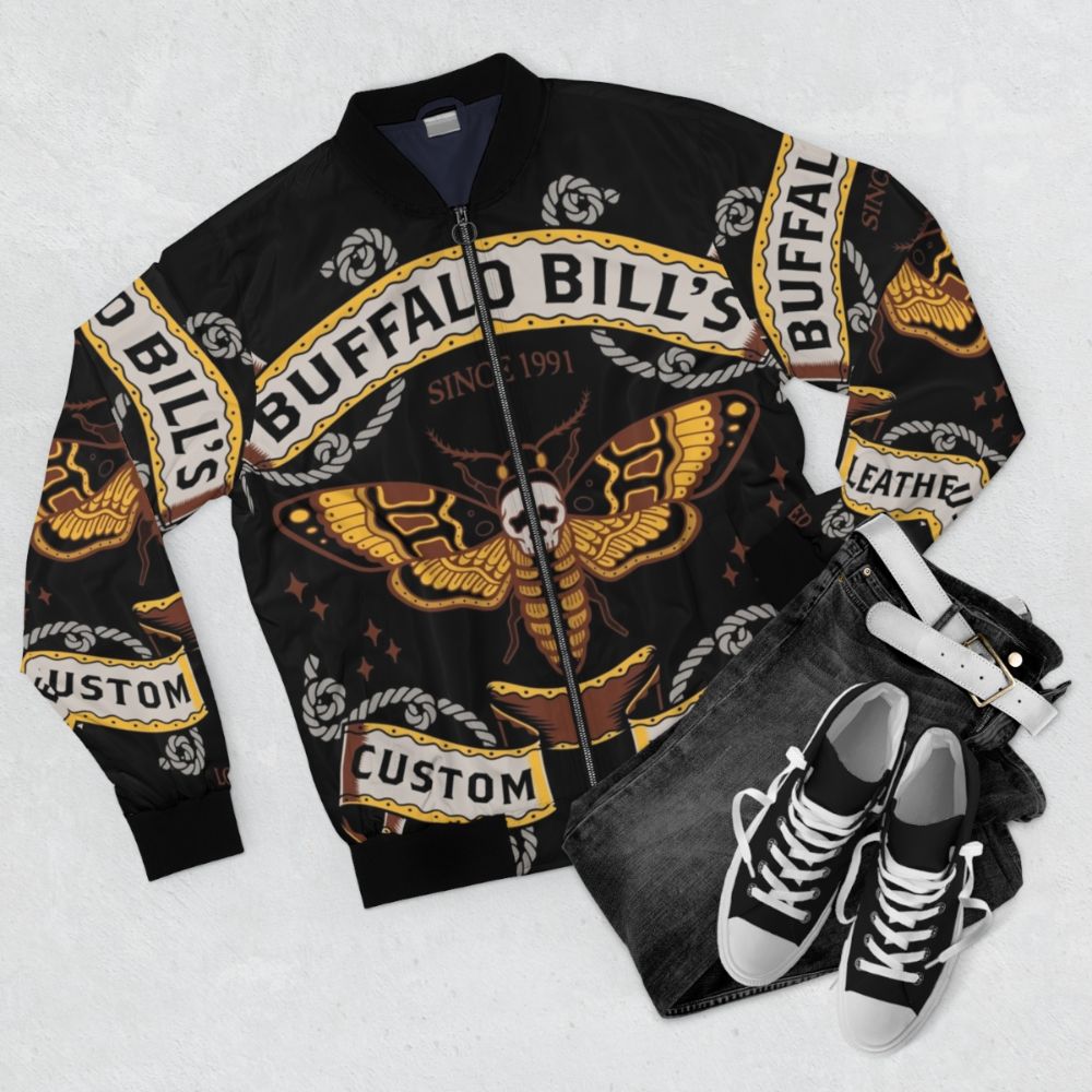 Buffalo Bill's Custom Leather Bomber Jacket - Gothic Style with Death's Head Moth Pattern - Flat lay