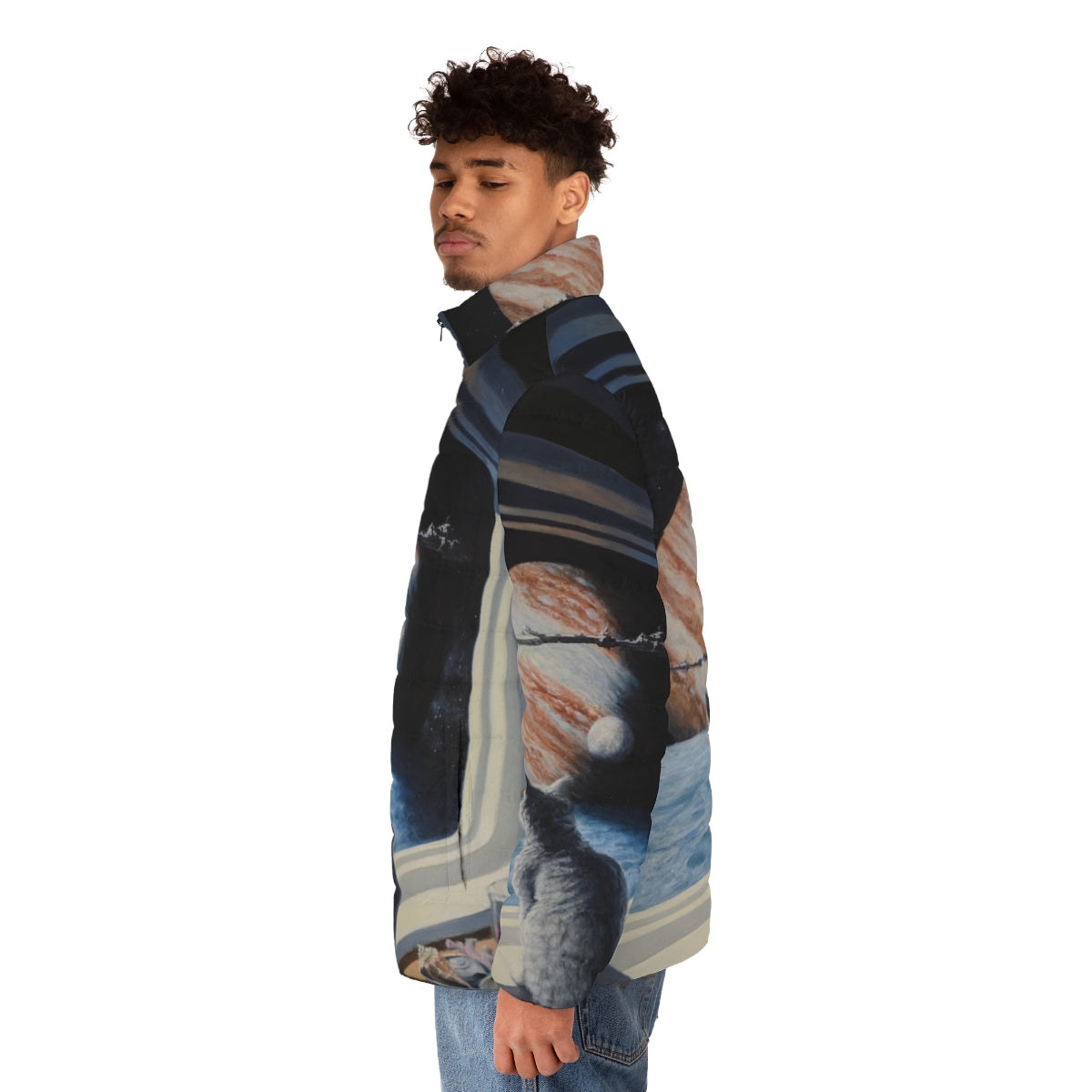 A stylish puffer jacket featuring a cat in a space suit, against a backdrop of a science fiction painting. - men side left