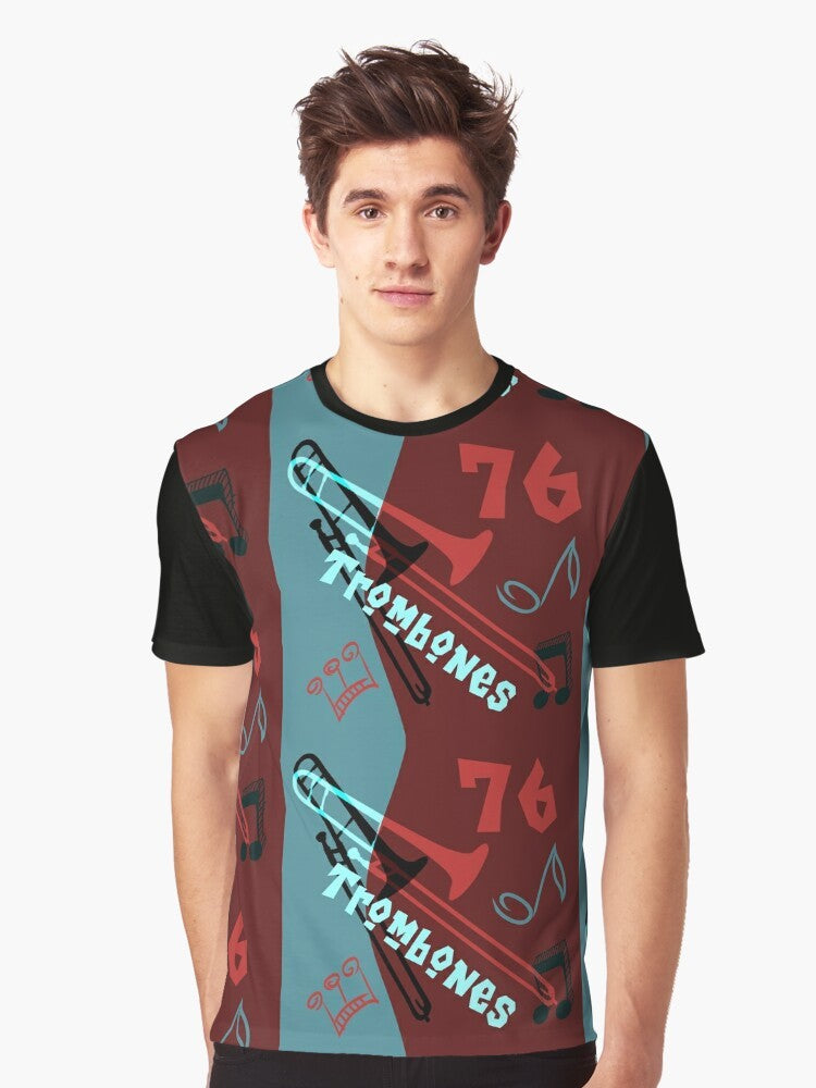 76 Trombones Graphic T-Shirt featuring a musical design for music teachers, band directors, and theater enthusiasts - Men