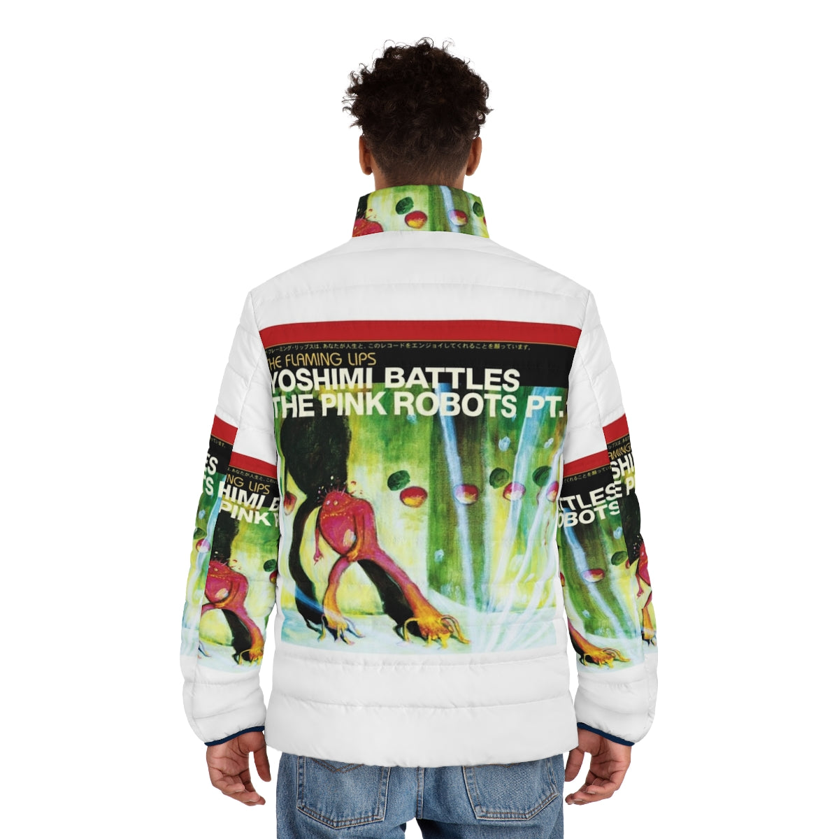 Yoshimi Battles The Pink Robots Puffer Jacket featuring a pop culture design inspired by the Flaming Lips album - men back