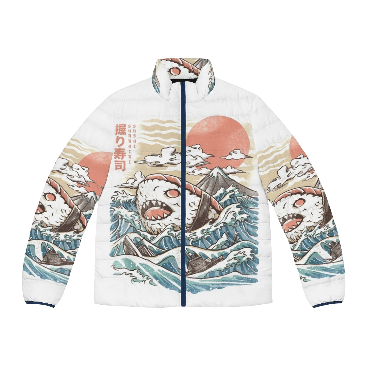 Sharkiri Sushi Puffer Jacket with anime-inspired sushi and shark design