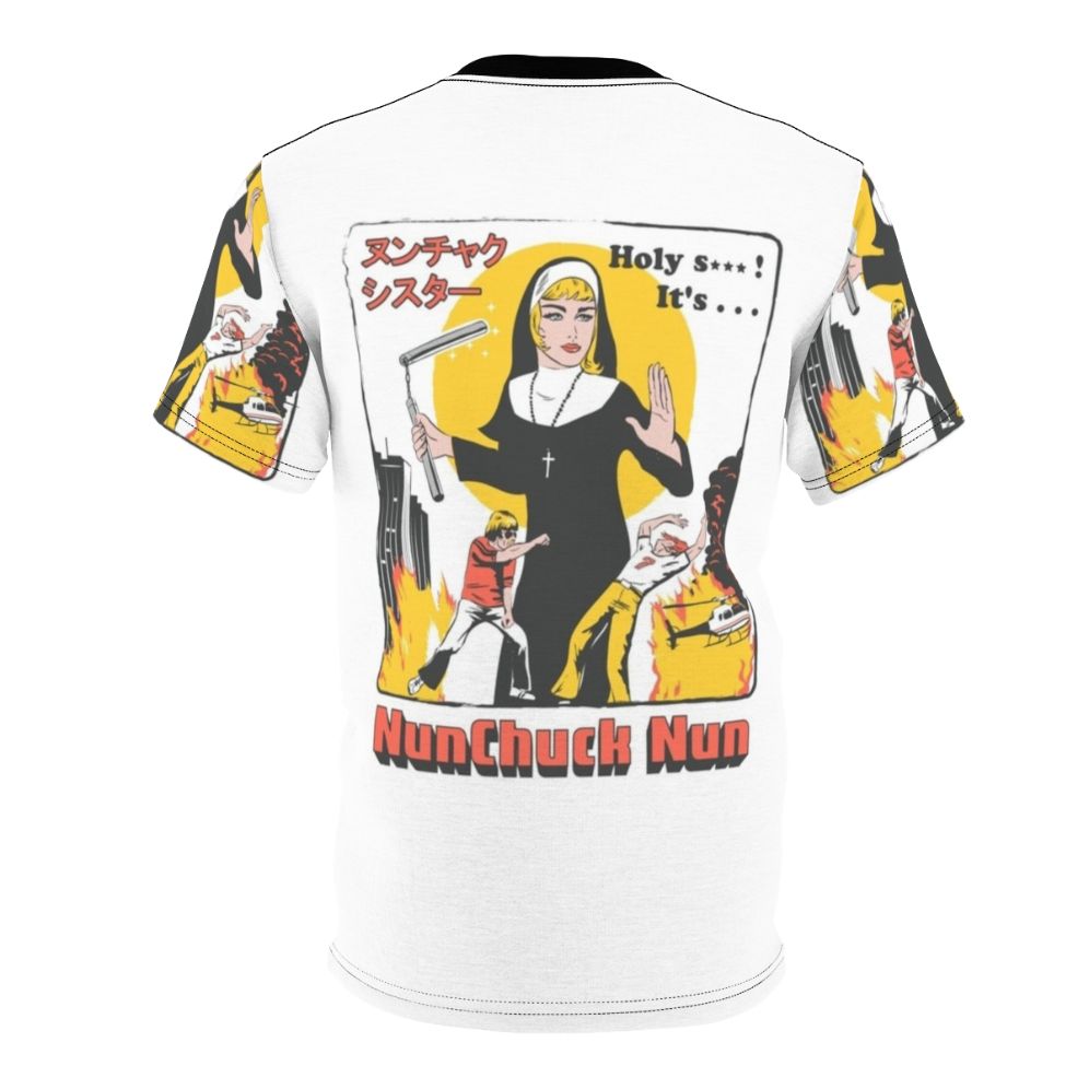 Nunchuck Nun graphic t-shirt design featuring a nun wielding nunchucks in a city setting - Back