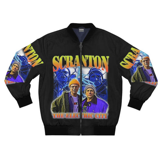 Vintage-inspired bomber jacket with "The Electric City" and "Scranton" graphics, inspired by The Office TV show.