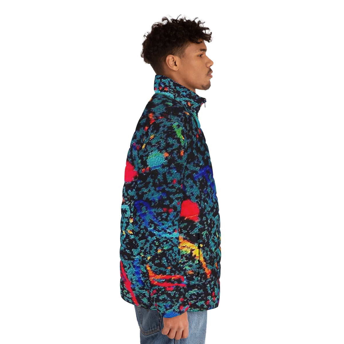 Puffer jacket with a retro bus seat pattern design, perfect for nostalgic millennials - men side right