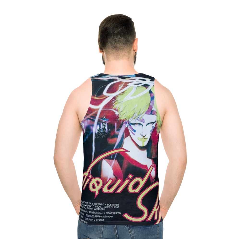 Retro unisex tank top featuring surreal art inspired by the 80s cult classic film "Liquid Sky" - men back