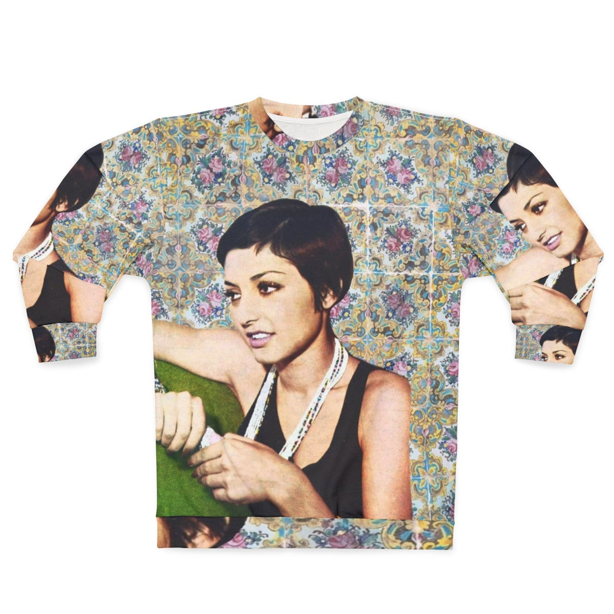 Vintage Persian music sweatshirt featuring Iranian singer Googoosh on a couch