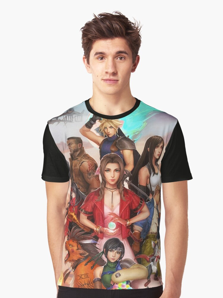 Final Fantasy 7 FF7 Cast Art Graphic T-Shirt featuring characters Cloud, Tifa, Aerith, Barret, and Sephiroth - Men