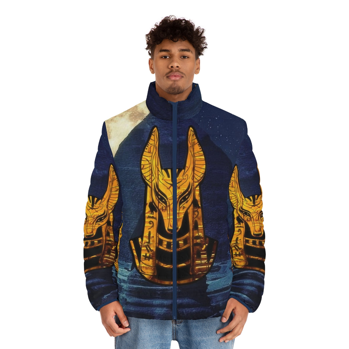 Anubis Egyptian God Puffer Jacket with Gold Accents - men front