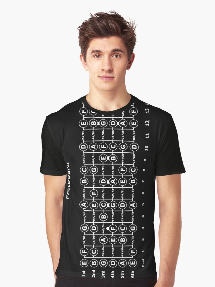 A black and white graphic t-shirt featuring a vertical guitar fretboard design, perfect for music lovers and guitarists. - Men