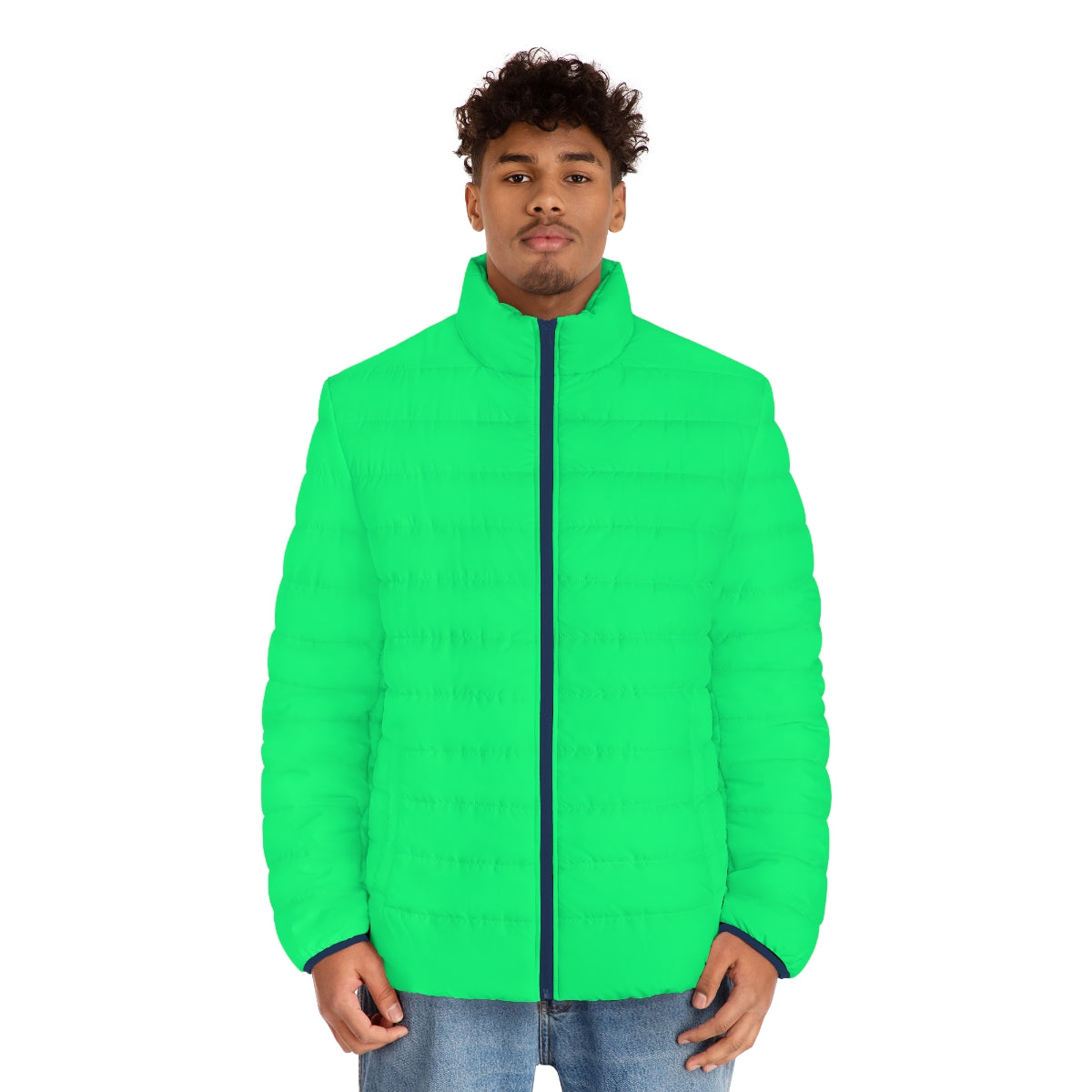 A lightweight and cozy spring green puffer jacket with a minimalist design. - men front