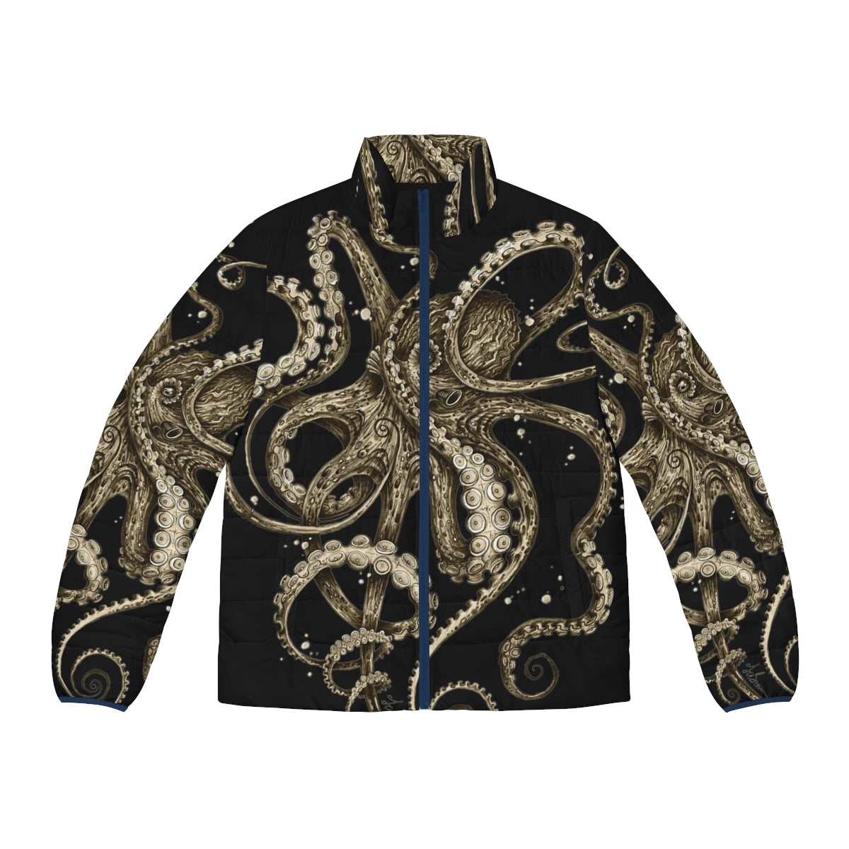 Psychedelic sepia-colored puffer jacket with octopus and tentacle design