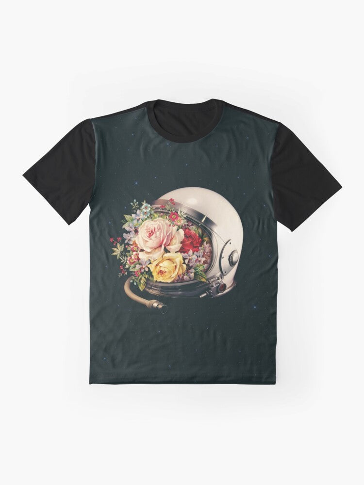 A surreal graphic t-shirt featuring an astronaut in space surrounded by flowers and stars - Flat lay