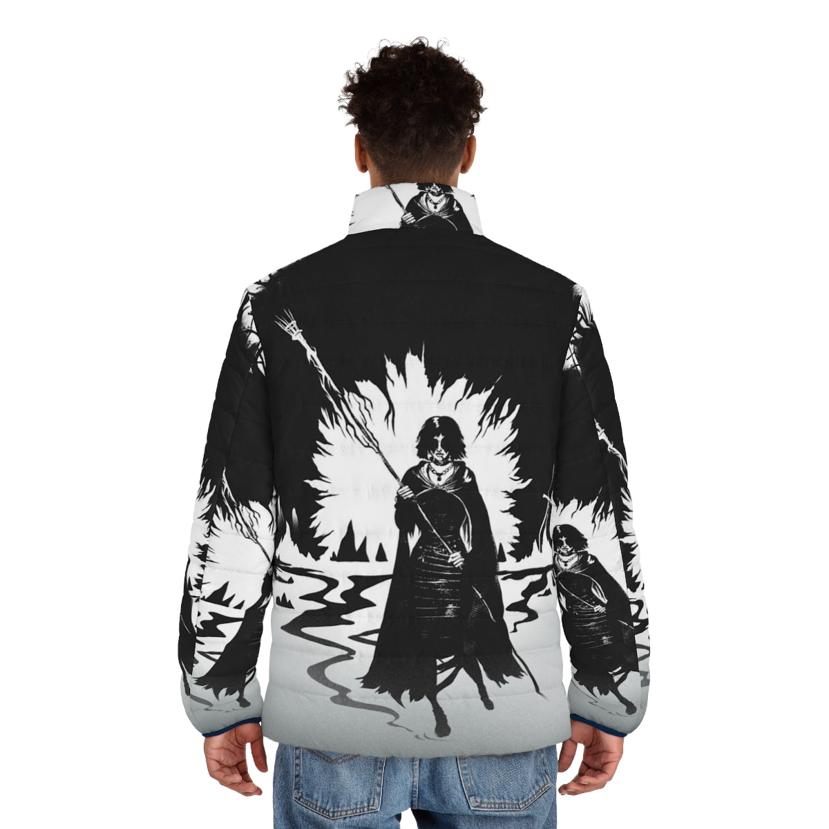 Dark Souls inspired 'The Maiden in Black' puffer jacket featuring iconic video game characters and imagery - men back