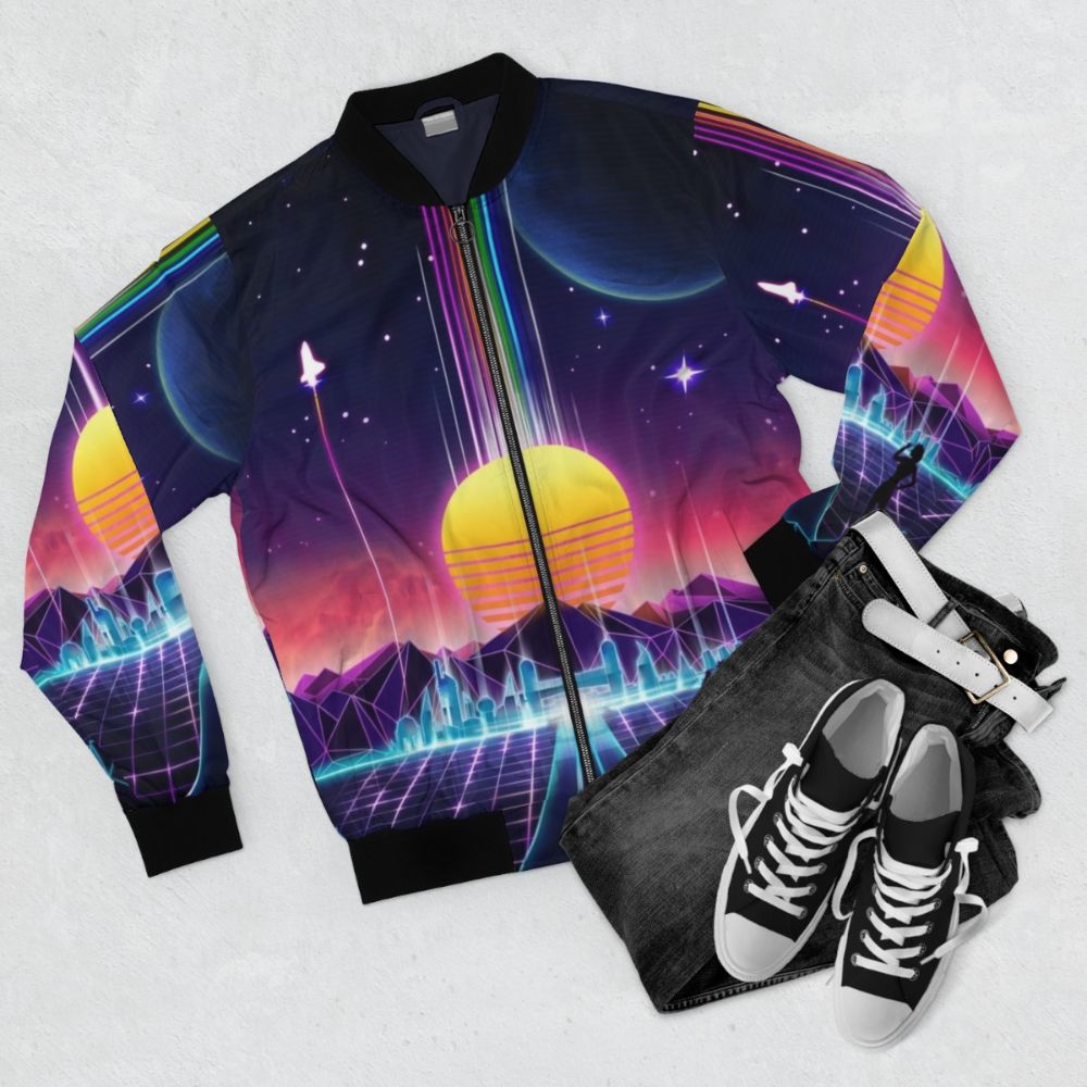 Neon Sunrise Bomber Jacket - Retro Cyberpunk Synthwave Style - Flat lay