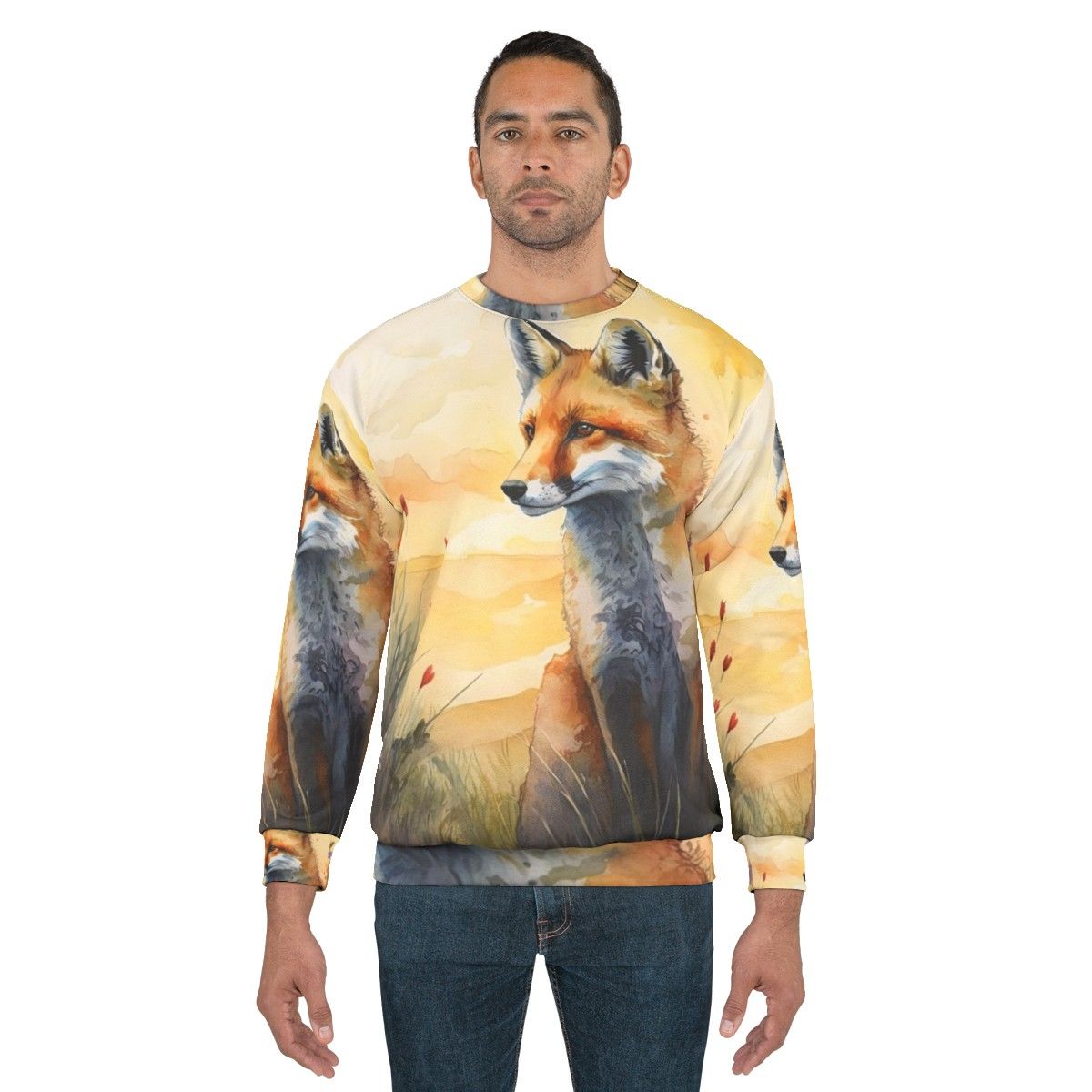 Charming red fox sweatshirt featuring a watercolor illustration of a red fox cub in a spring woodland setting - men