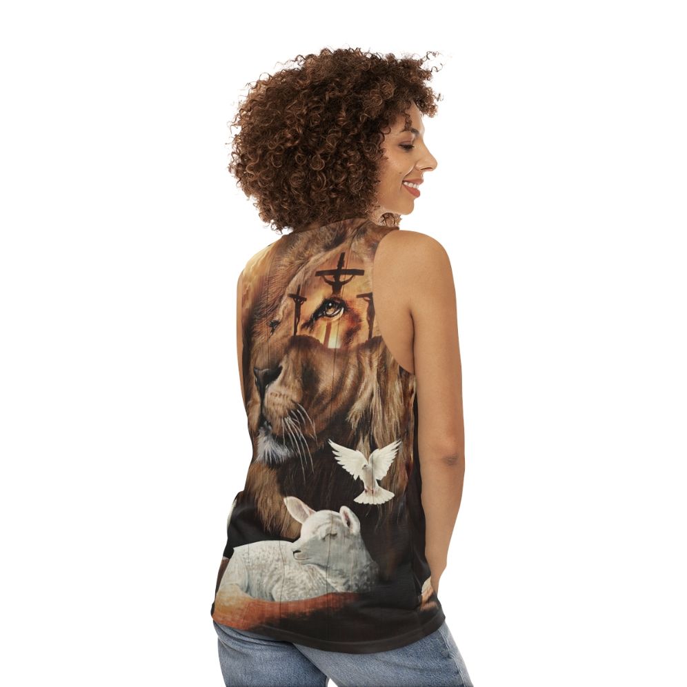 Unisex Christian tank top with the Lion of Judah and the Lamb of God - women back