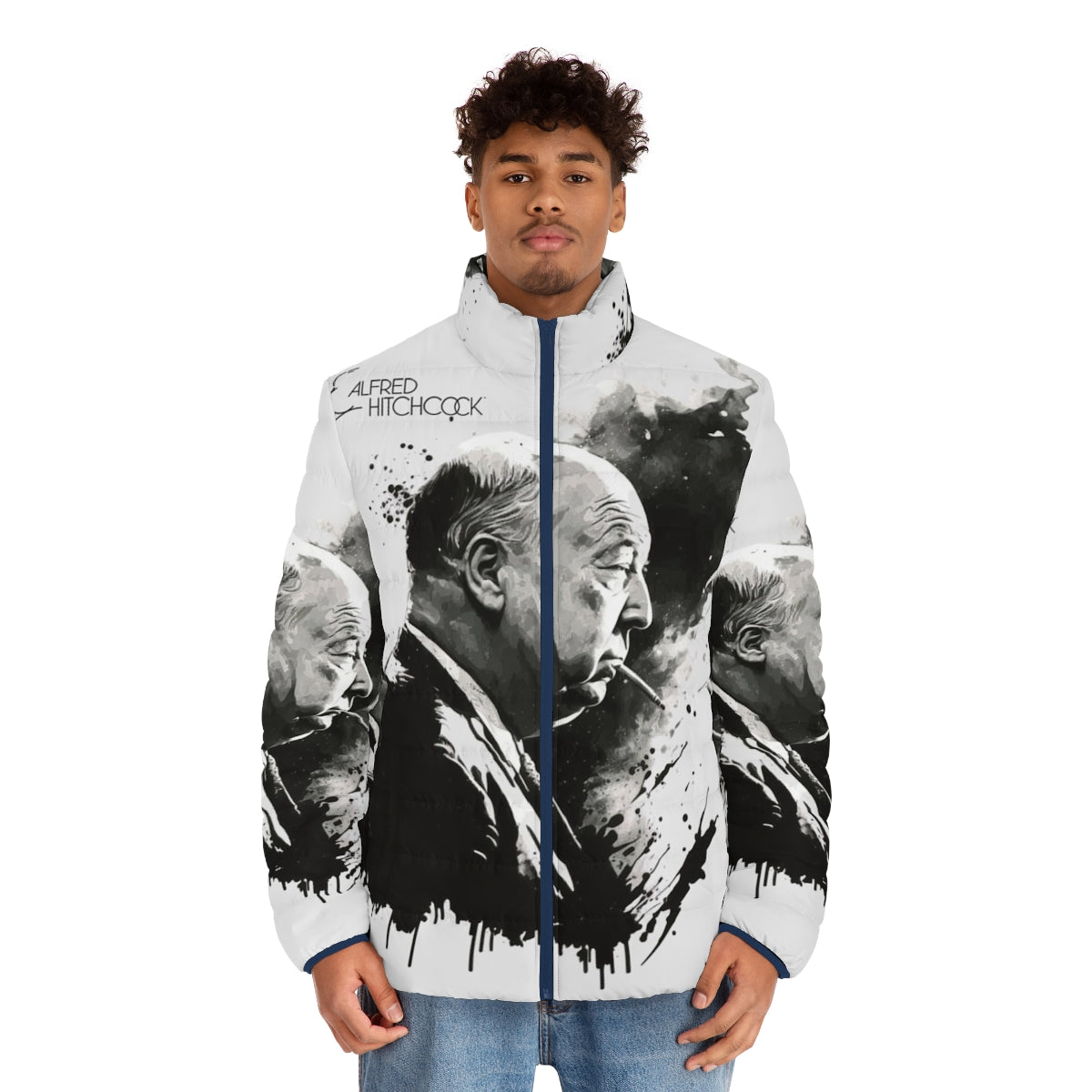 Model wearing black and white puffer jacket with Alfred Hitchcock drawing - men front