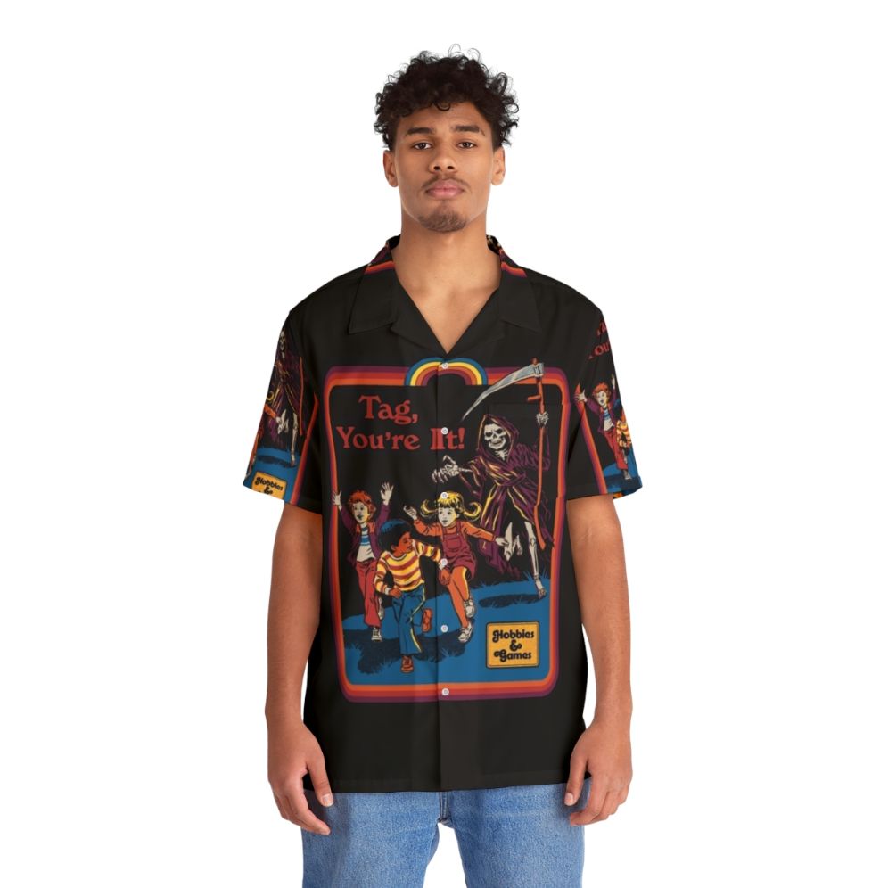 Dark Grim Reaper Horror Hawaiian Shirt with Vintage Retro Nostalgic Activities - People Front