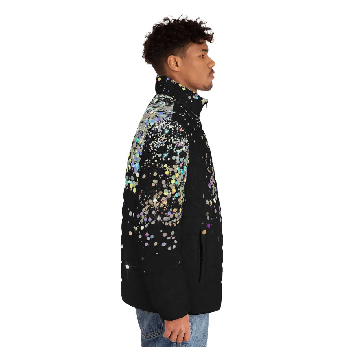 Black puffer jacket with holographic sparkle and shimmer - men side right