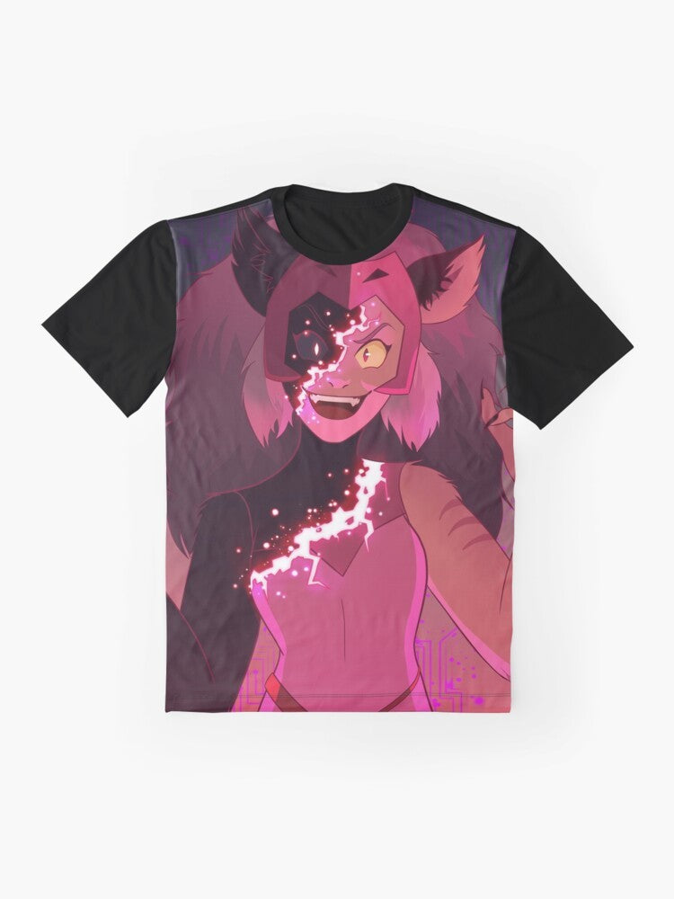 Graphic t-shirt design featuring glitched Catra and Adora from the She-Ra animated series - Flat lay