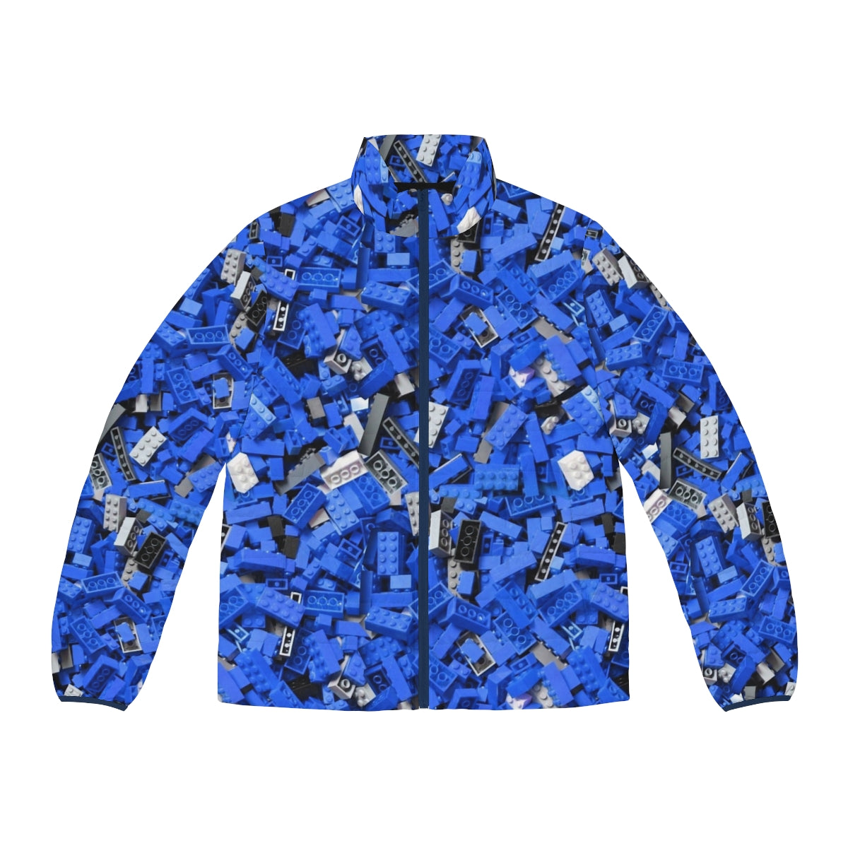 Blue puffer jacket with a colorful, repeating building blocks pattern inspired by Lego