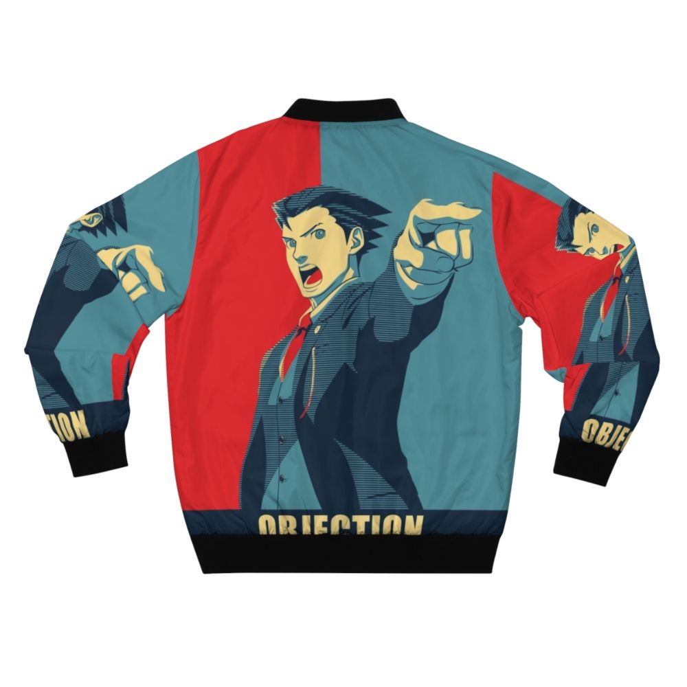 "Ace Attorney Objection Bomber Jacket featuring Phoenix Wright, Miles Edgeworth, and other characters from the popular Capcom video game series" - Back