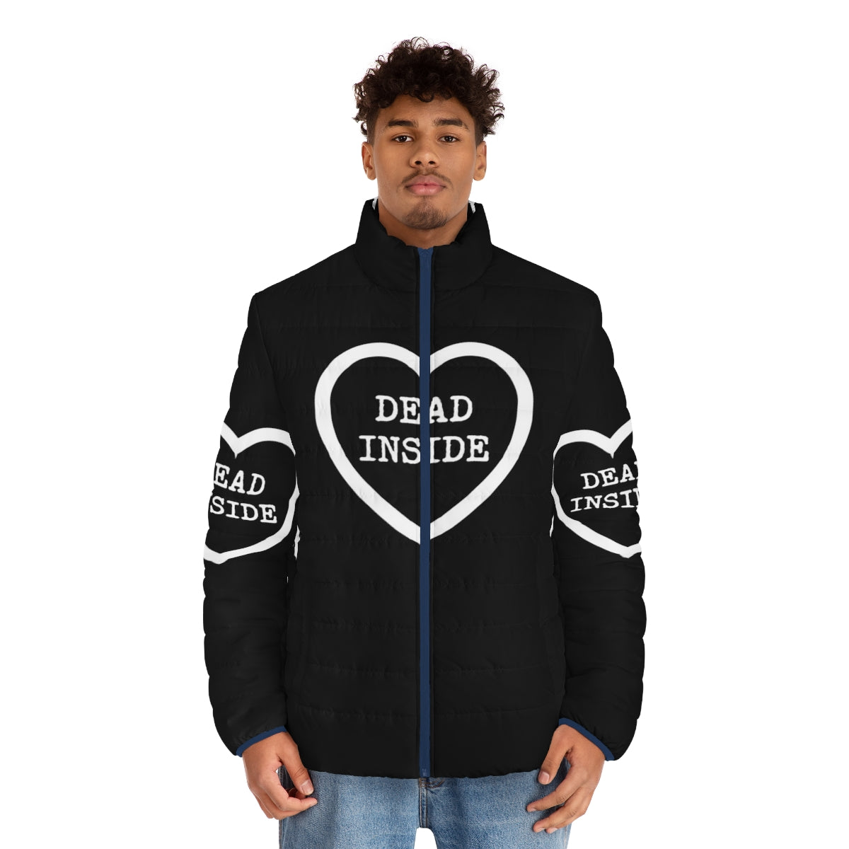 "Dead Inside" puffer jacket with gothic and queer design elements - men front