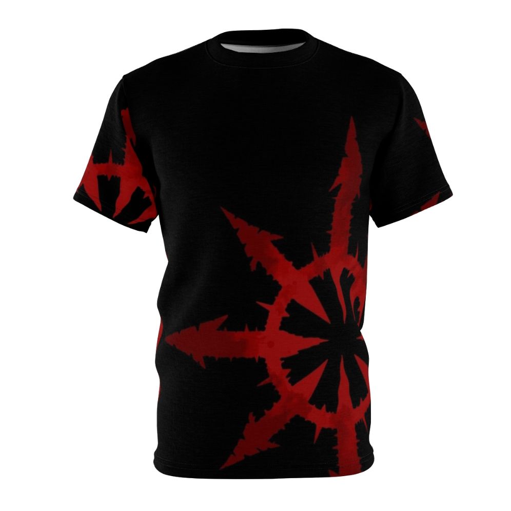 Apocalyptic Chaos Blood graphic design on a black t-shirt for Warhammer 40K enthusiasts