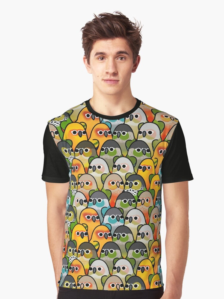 Conure Squad Bird Graphic T-Shirt, featuring a colorful flock of birds - Men