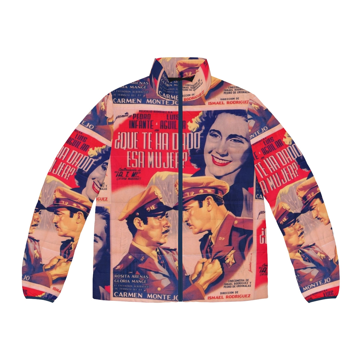 Vintage Mexican cinema icons puffer jacket featuring Pedro Infante, Pepe el Toro, and Luis Aguilar