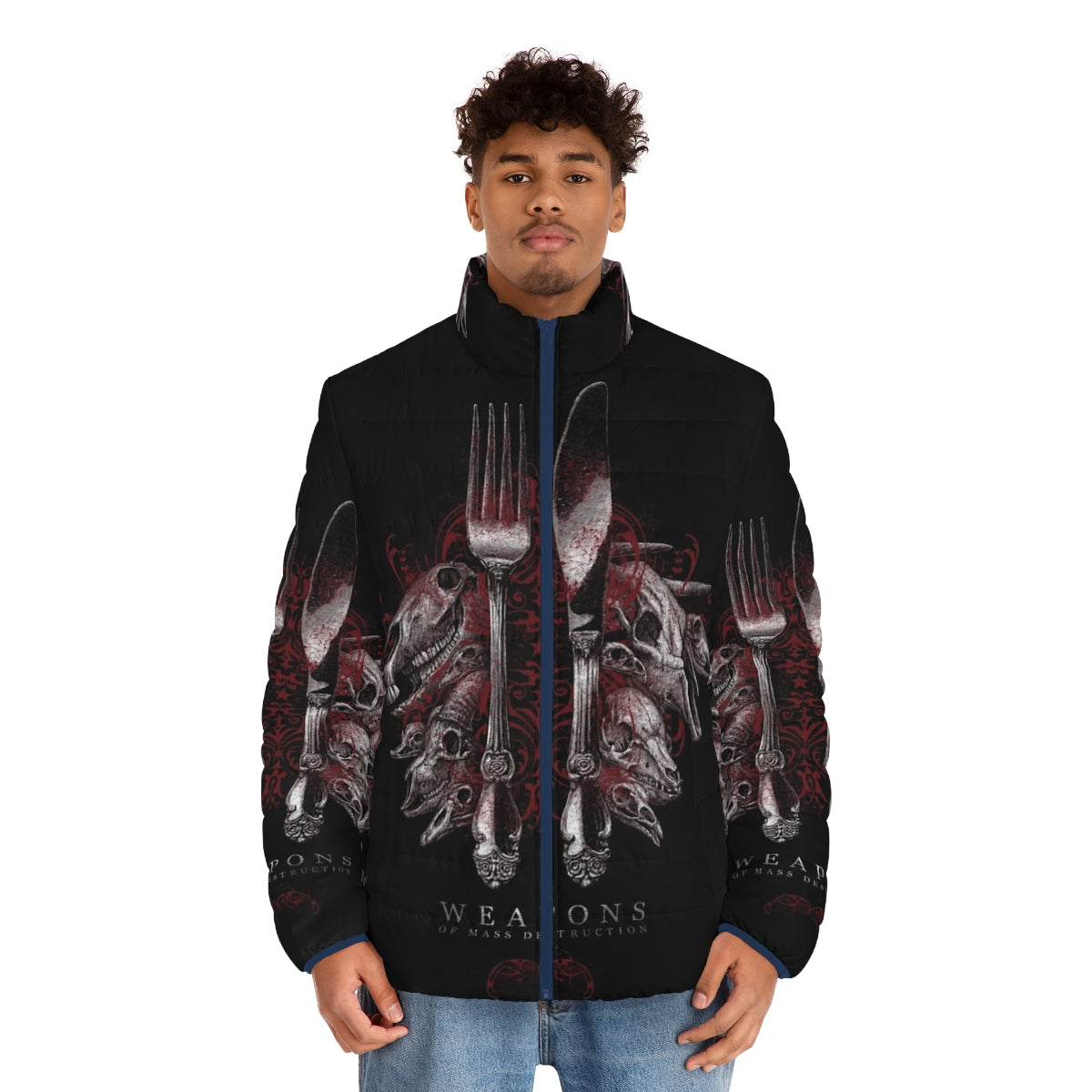 Puffer jacket with weapons and skull design, focus keyword: puffer jacket - men front