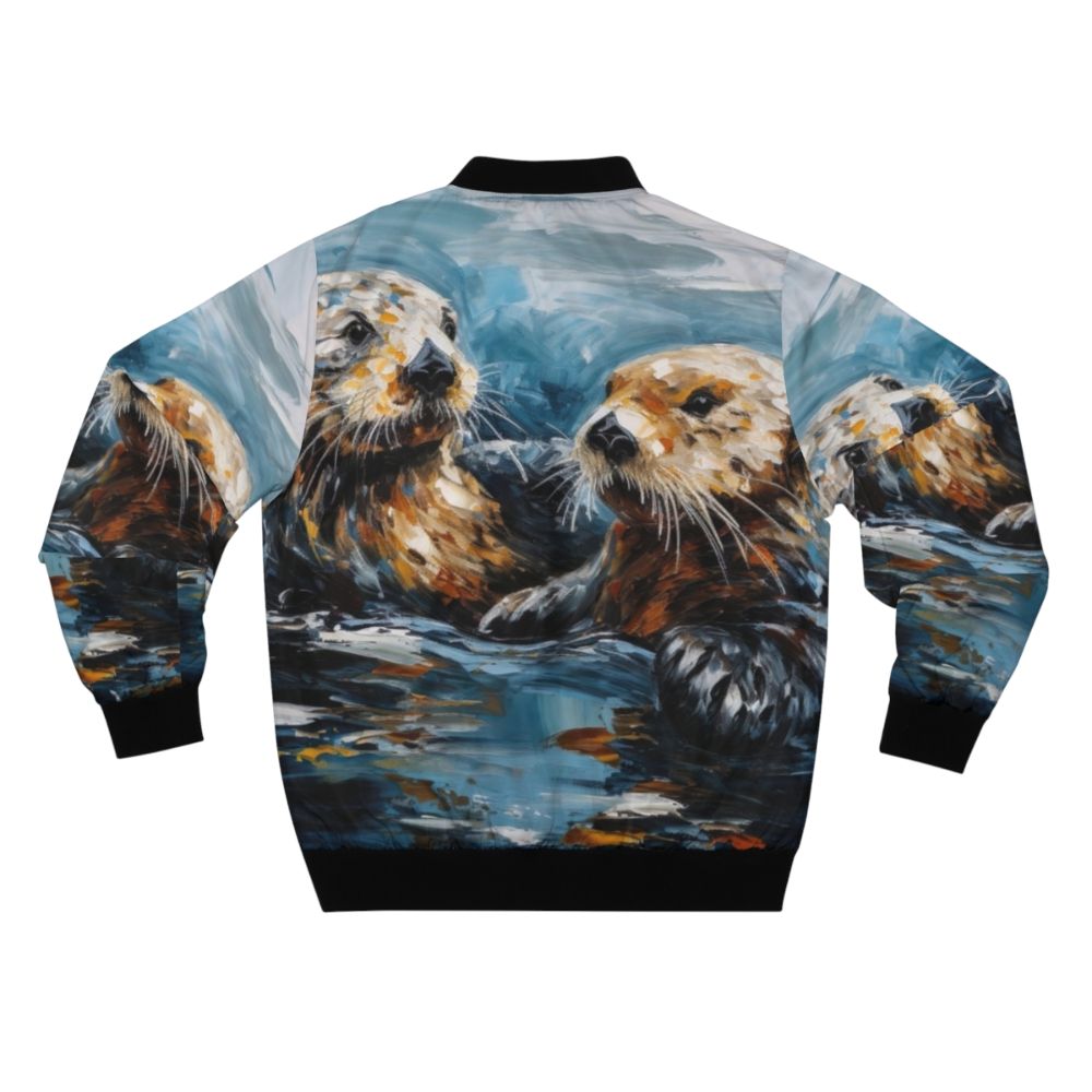 Finger painting design of cute sea otters on a bomber jacket - Back