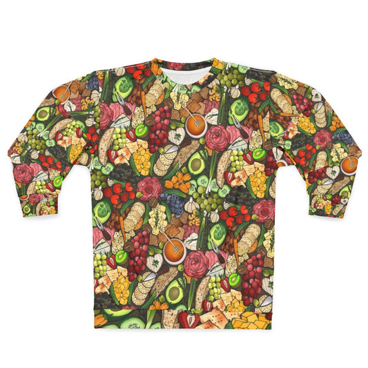 Charcuterie sweatshirt featuring cheeses, fruits, and other delicious food items