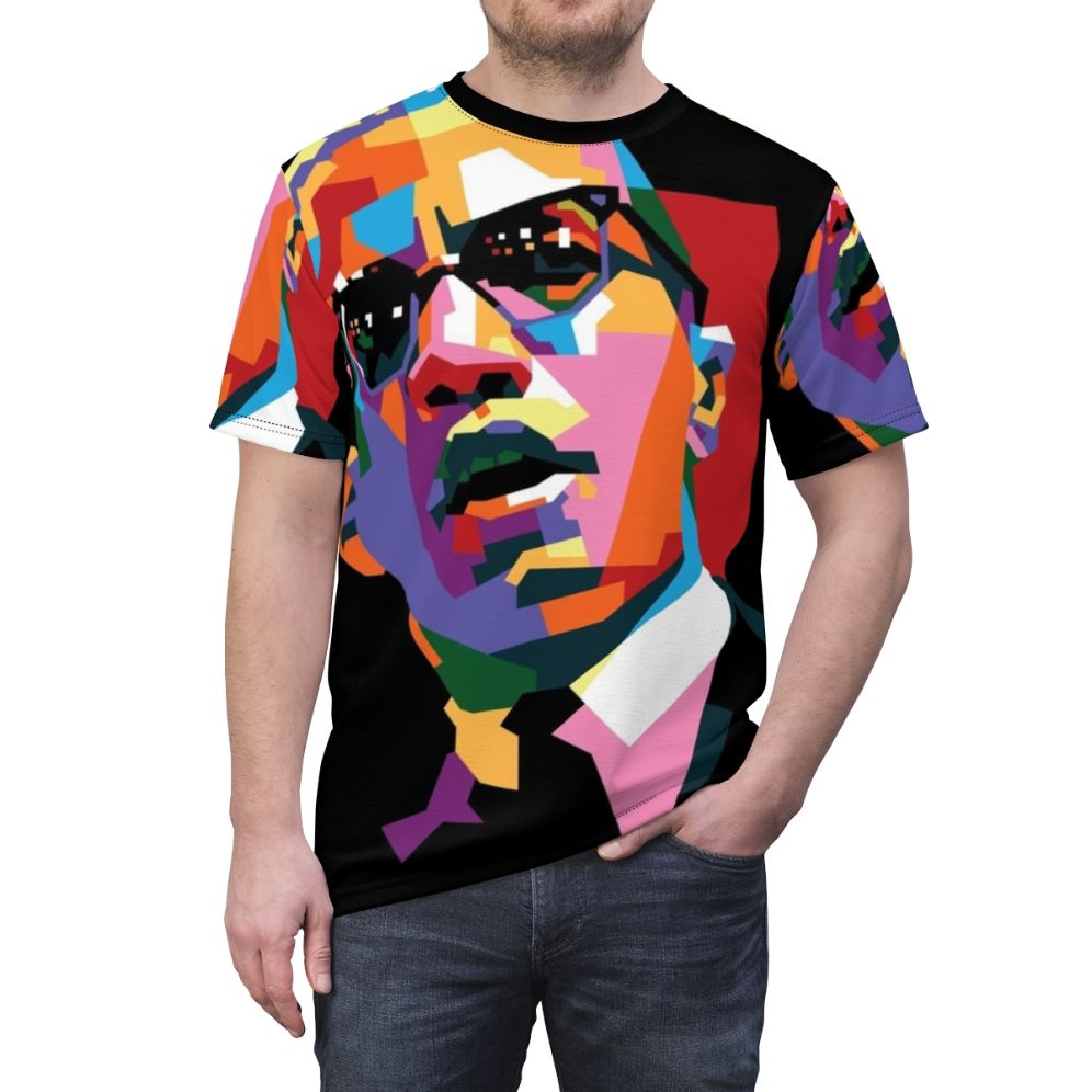 Stylized portrait of civil rights leader Malcolm X on a t-shirt - men front