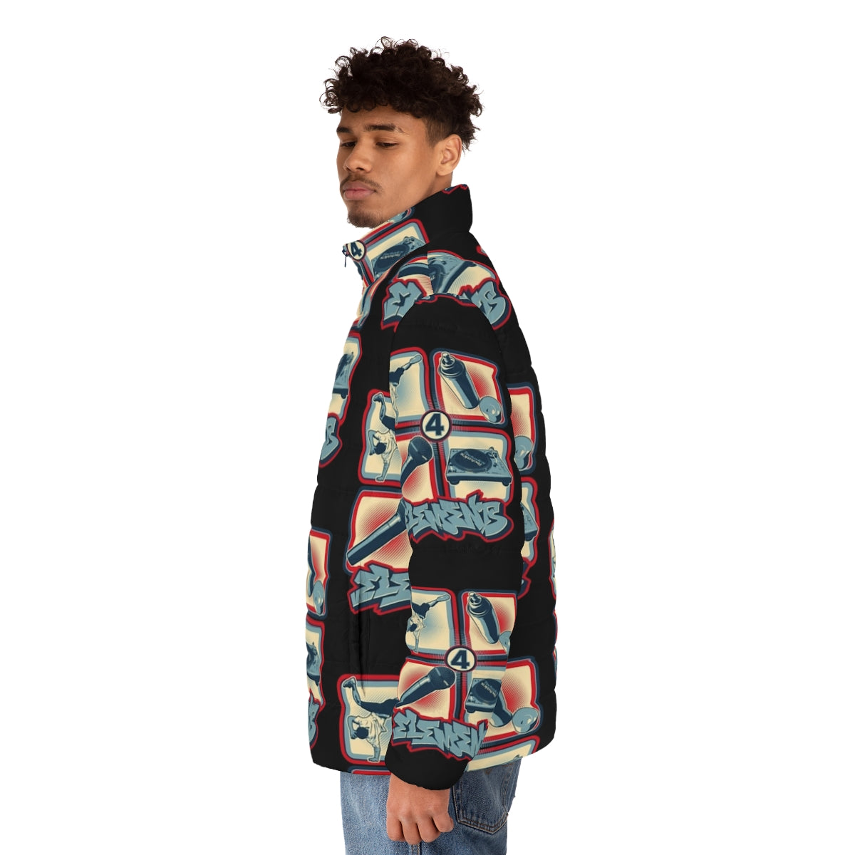 4 Elements Of Hip Hop Puffer Jacket - Urban Streetwear Featuring the 4 Elements of Hip Hop: DJ, MC, Breakdance, Graffiti - men side left