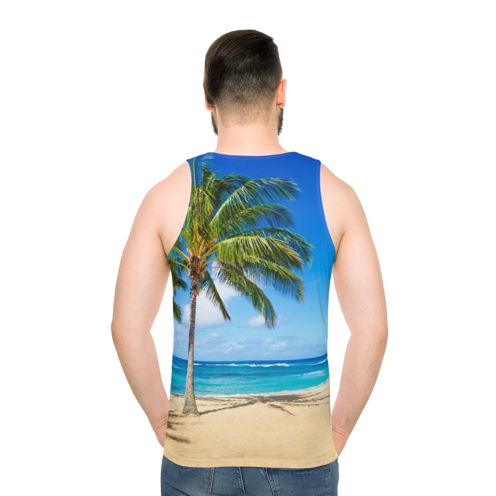 Unisex tank top with palm trees on a sandy beach in Hawaii - men back