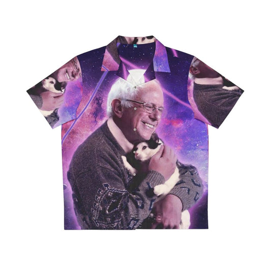 Halftone print of a cat in space on a Bernie Sanders Hawaiian shirt