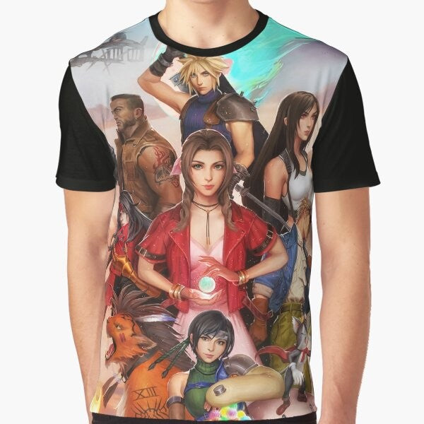 Final Fantasy 7 FF7 Cast Art Graphic T-Shirt featuring characters Cloud, Tifa, Aerith, Barret, and Sephiroth