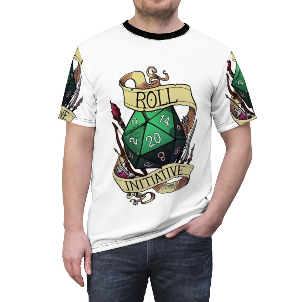 A t-shirt featuring a dice roll graphic, perfect for fans of Dungeons and Dragons and other tabletop roleplaying games. - men front