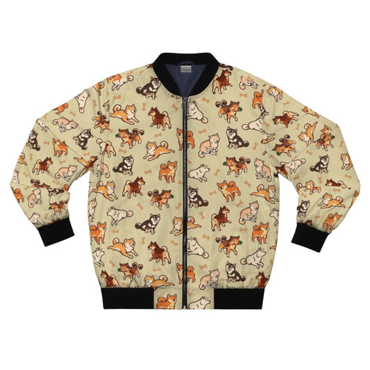 A cozy and stylish bomber jacket featuring a cute shiba inu dog pattern.