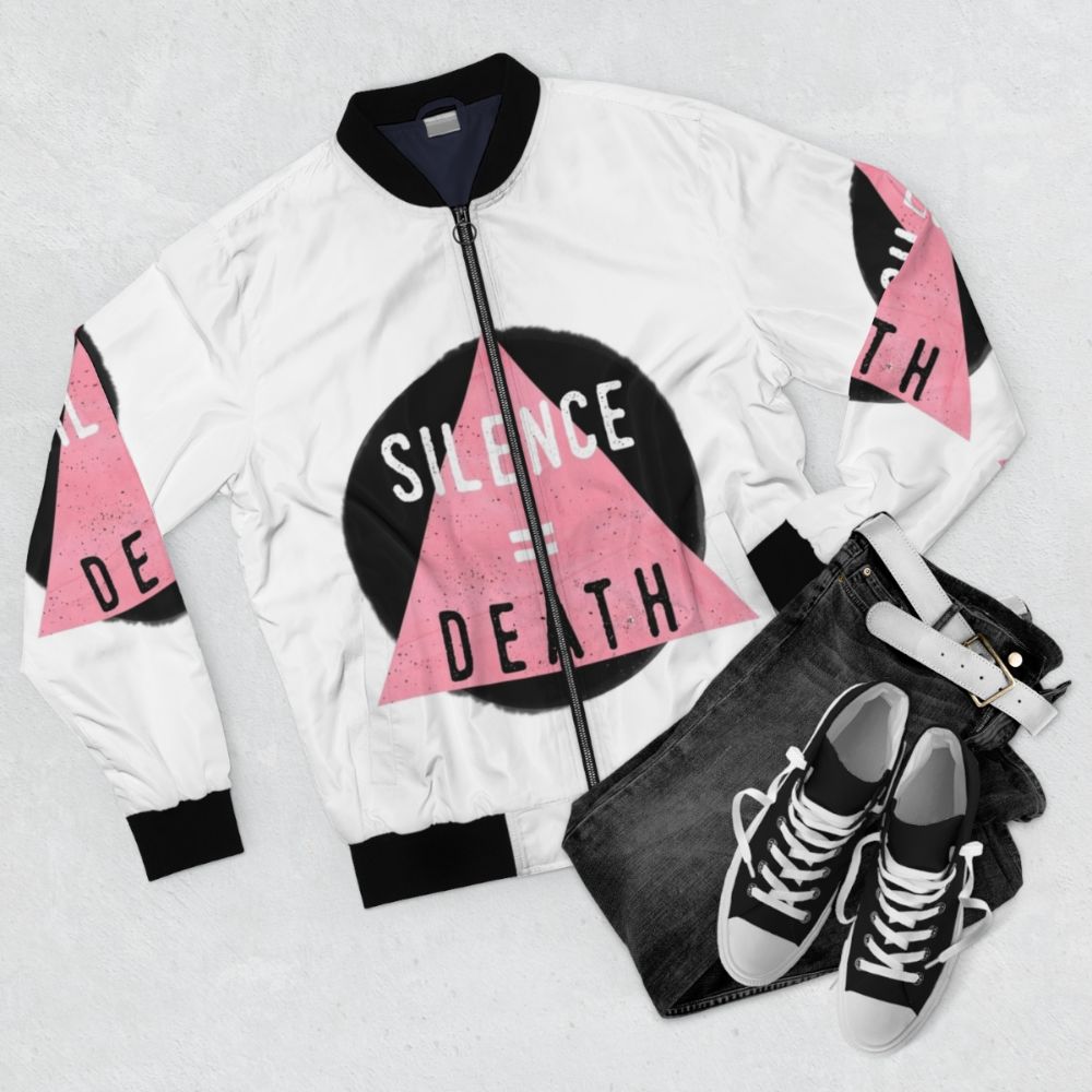 Silence=Death LGBT pride bomber jacket with rainbow colors - Flat lay