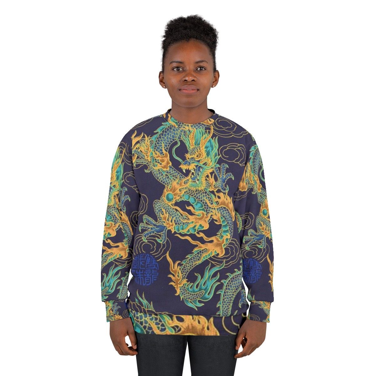 Gilded dragon design on a blue sweatshirt - women