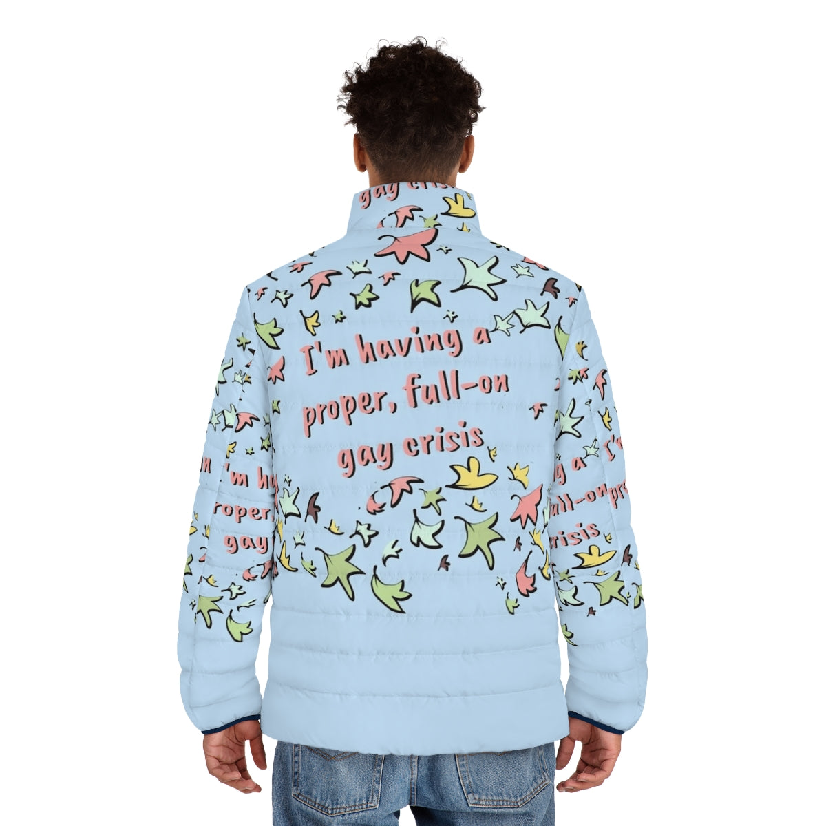 Heartstopper inspired puffer jacket featuring leaves design and Nick and Charlie characters - men back